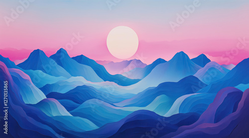 Obraz na płótnie colorful mountain landscape with a large sun. soft gradients of blue and pink. w salonie