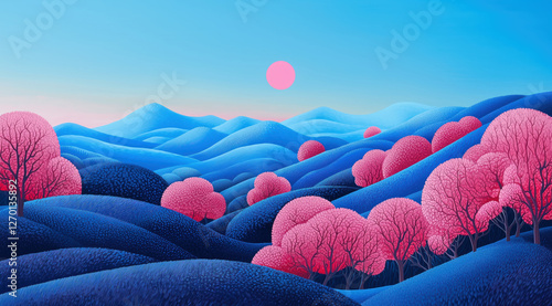 Obraz na płótnie colorful mountain landscape with a large sun. soft gradients of blue and pink. w salonie