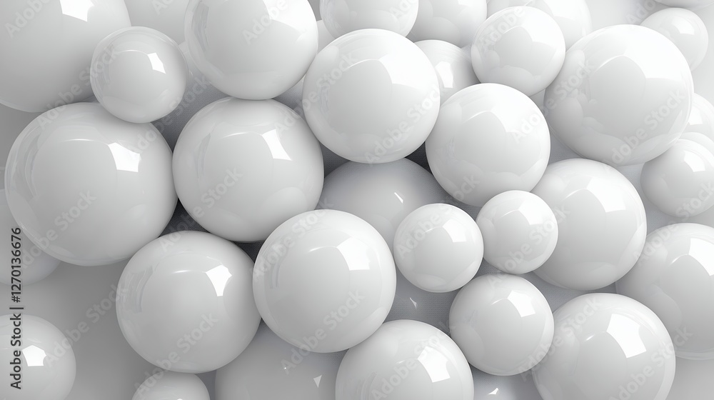 Abstract Composition of Various Sized White Spheres on Glossy Surface with Soft Lighting