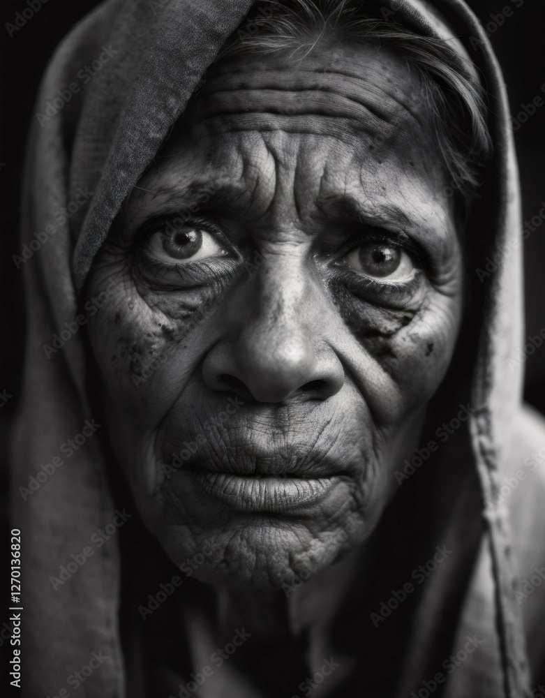 Close-up black-and-white portrait of an elderly woman with deep wrinkles and a hooded cloak. Close-up black-and-white portrait of an elderly woman with deep wrinkles and a hooded cloak.