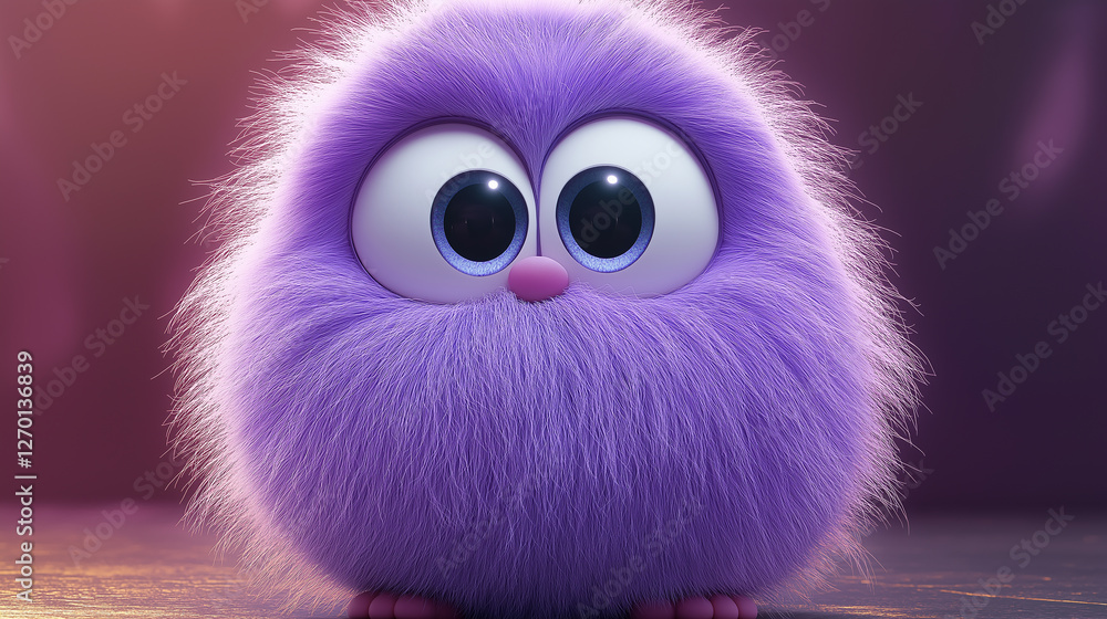 Fototapeta premium Adorable purple fluffy cgi character posing on a reflective surface