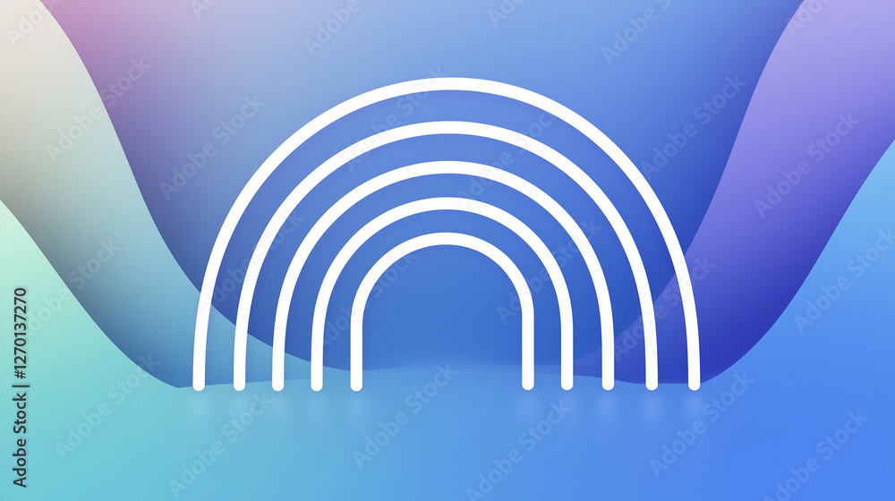White rainbow lines creating an arch on colorful wavy background White rainbow lines creating an arch on colorful wavy background