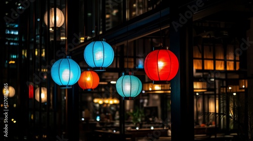 Colorful paper lanterns illuminate a restaurant at night.