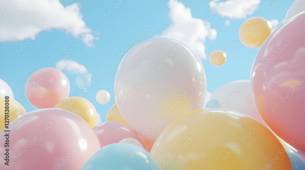 Pastel balloons float on a sunny day; background sky; cheerful design Pastel balloons float on a sunny day; background sky; cheerful design