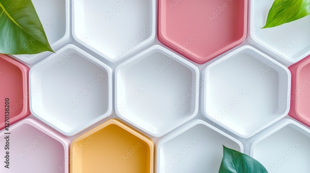 Pastel Hexagon Honeycomb Background with Green Leaves Pastel Hexagon Honeycomb Background with Green Leaves