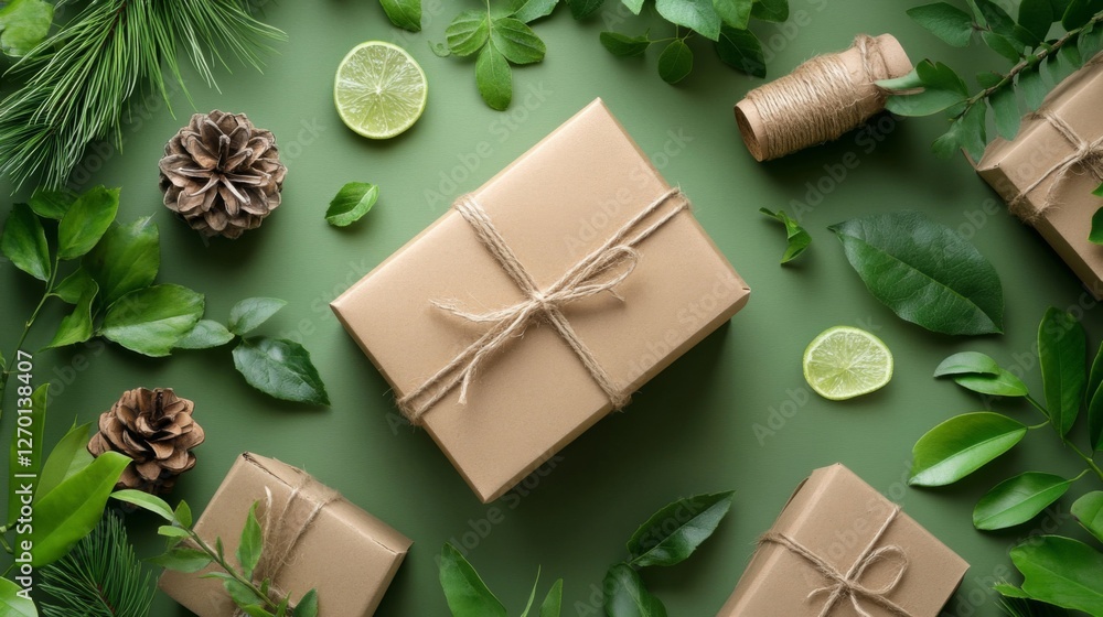 Fototapeta premium Eco Friendly Gifts Wrapped In Brown Paper With Greenery
