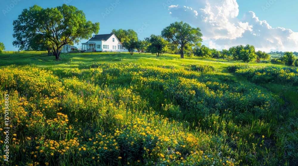 Obraz premium Serene Countryside Home Blooming Meadow Rural Landscape Spring Flowers