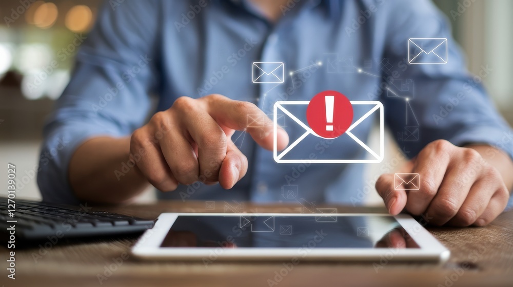 Person interacting with a tablet displaying email notification icons Person interacting with a tablet displaying email notification icons