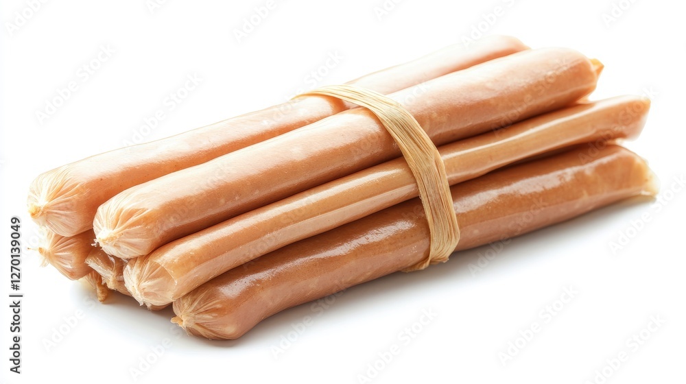 A bundle of raw pork sausages with natural casings, isolated on white background. A bundle of raw pork sausages with natural casings, isolated on white background.