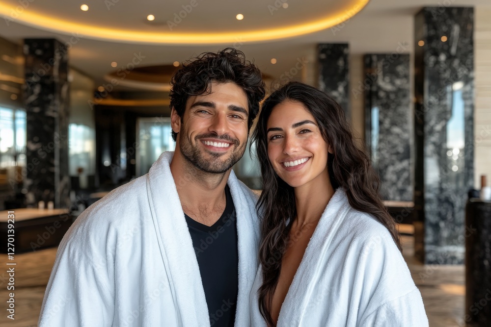 Happy couple smiling and relaxing at luxury hotel spa in bathrobes Happy couple smiling and relaxing at luxury hotel spa in bathrobes