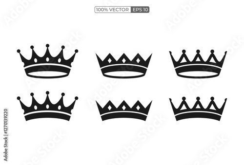 Set of vector black silhouettes of crowns isolated on a transparant background