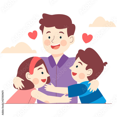 Happy father hugging kids, family love, illustration, background clouds photo