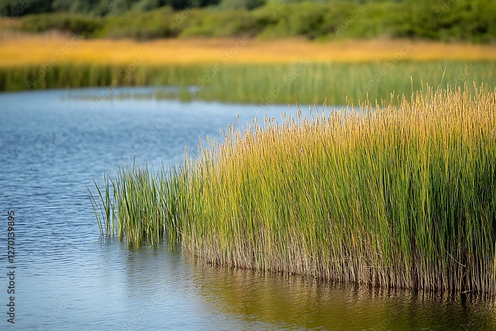 Serene Wetland Landscape with Reeds and Water Serene Wetland Landscape with Reeds and Water