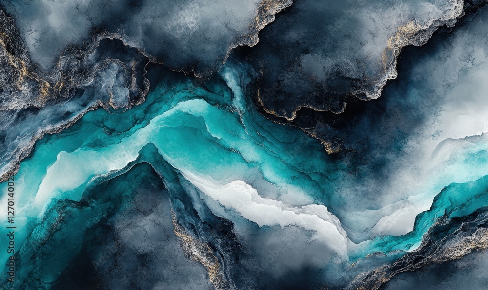 Abstract fluid art featuring swirling turquoise and dark blue patterns with gold accents Abstract fluid art featuring swirling turquoise and dark blue patterns with gold accents