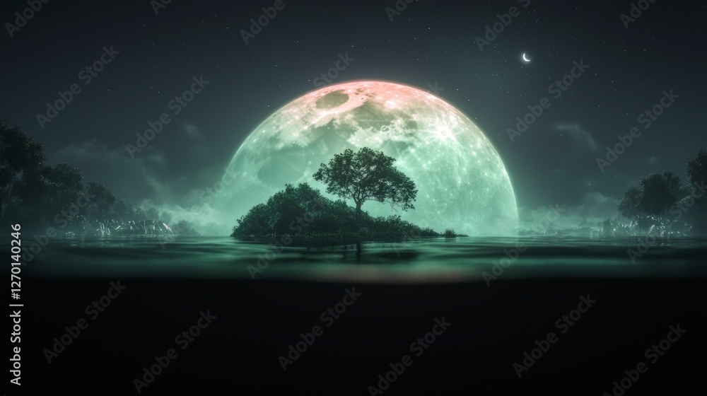 Fototapeta premium Surreal Night Scene Island Moon Tree Mystical Landscape Fantasy Art