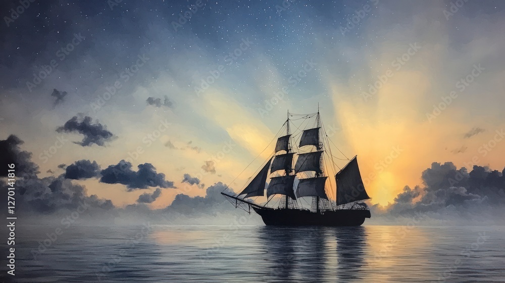 Obraz premium Majestic Sailing Ship at Sunset Ocean Seascape Oil Painting Artwork