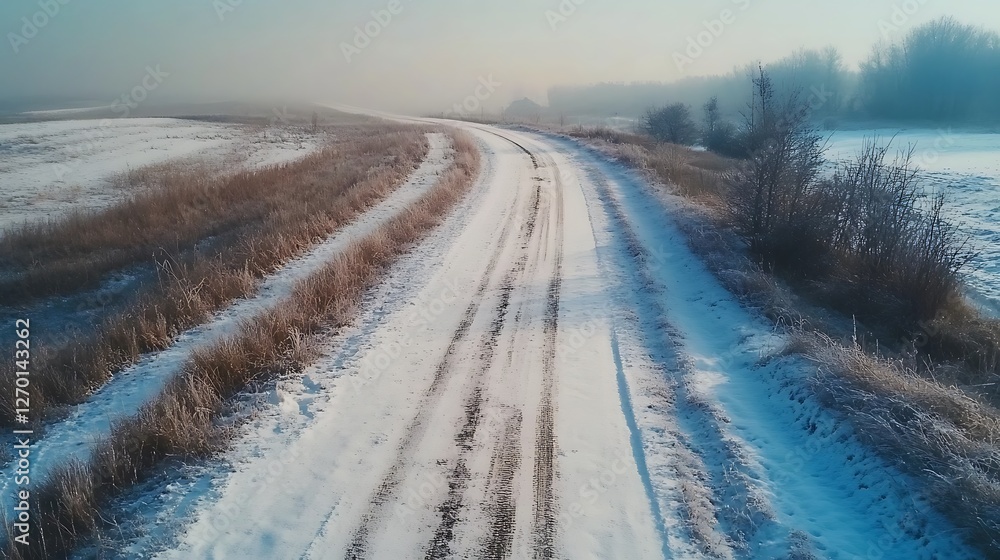 Fototapeta premium Winter Wonderland Road: A Frosty Countryside Drive