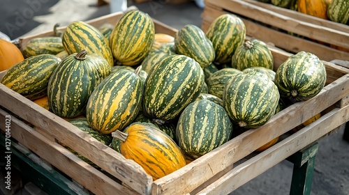 Vibrant Striped Pumpkins in Wooden Crate at Farmers Market