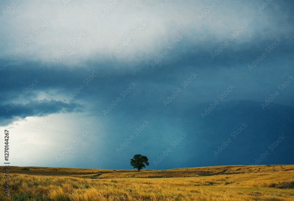 grassy landscape with a tree and raincloud grassy landscape with a tree and raincloud