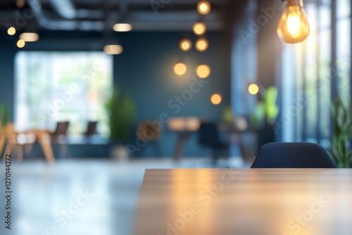 Blurred office with wall decor – Modern workspace background. Modern office workspace showcasing productivity and collaboration in a minimalistic environment with soft lighting