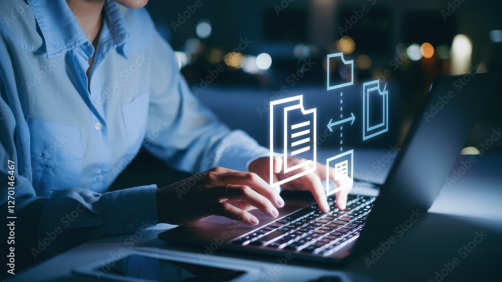 Woman working on a laptop with floating document icons Woman working on a laptop with floating document icons