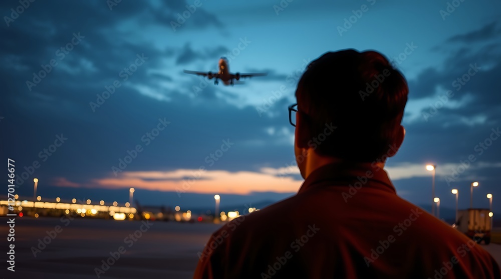 Fototapeta premium Man Watching Airplane Land at Dusk