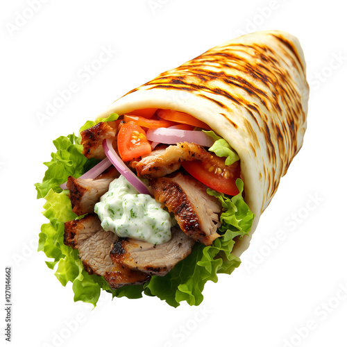 Grilled Chicken Gyro Wrap with Fresh Vegetables and Creamy Tzatziki Sauce. A photorealistic, highly detailed gyro wrap filled with juicy grilled chicken, fresh lettuce, tomatoes, red onions, and cream