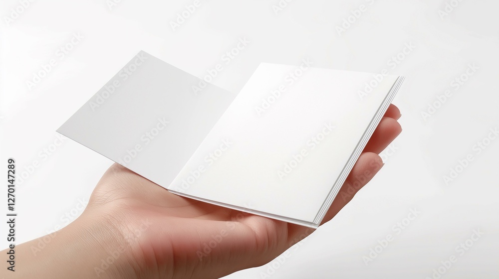 A hand holding a small blank white booklet open to show the pages a minimalist design concept A hand holding a small blank white booklet open to show the pages a minimalist design concept