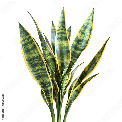 Variegated Snake Plant with Green and Yellow Leaves on Black Background. A highly detailed and photorealistic snake plant (Sansevieria trifasciata) with vibrant green and yellow variegated leaves