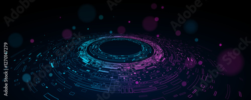 Big data visualization. Swirling digital circles with web fragments and circuit board. Futuristic tech background. Information particles in a neural network. Vector illustration. EPS 10