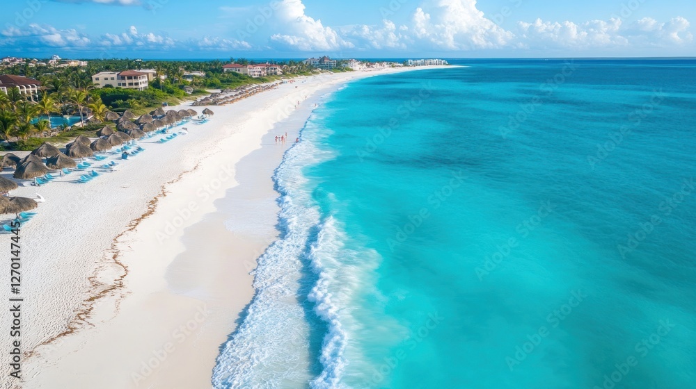 Aerial view of a serene beach with turquoise waters and white sand under a bright sky. Aerial view of a serene beach with turquoise waters and white sand under a bright sky.