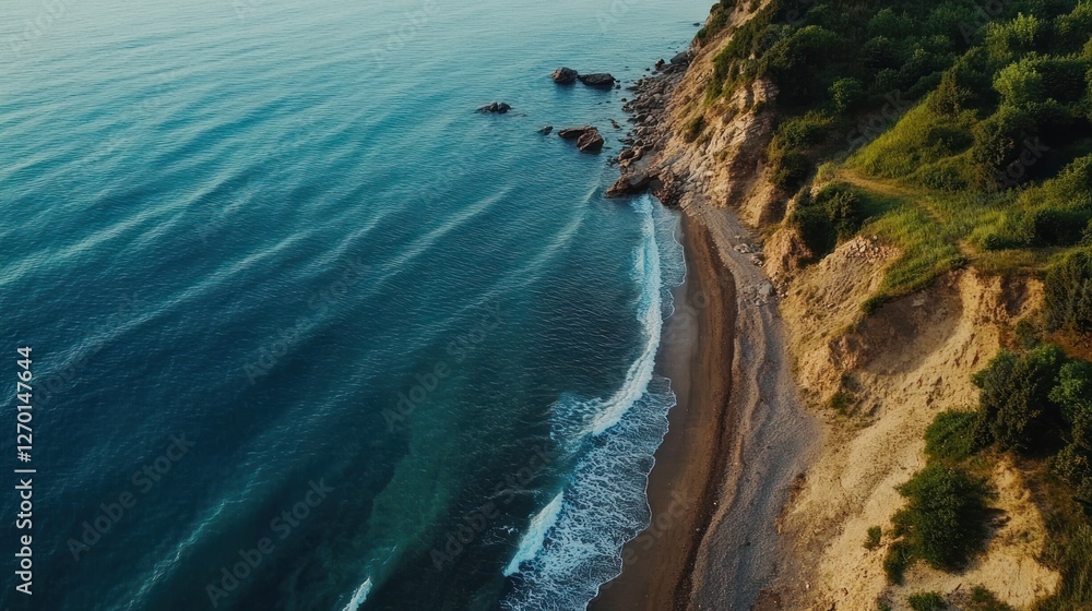 Aerial view of a serene coastline with gentle waves and lush greenery. Aerial view of a serene coastline with gentle waves and lush greenery.