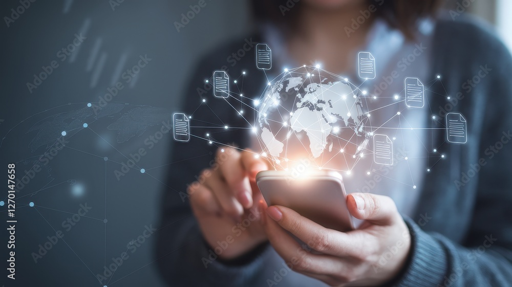 Woman uses phone with a connected global data network Woman uses phone with a connected global data network