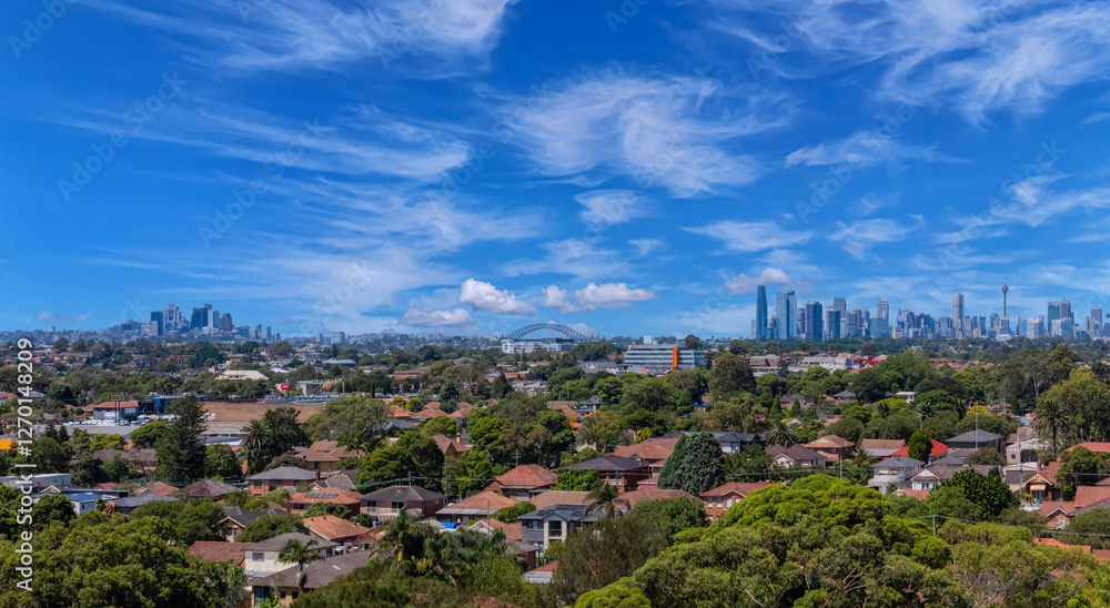 Fototapeta premium Aerial View of Sydney Suburbia Sydney Harbour and CBD the urban sprawl of NSW Australia