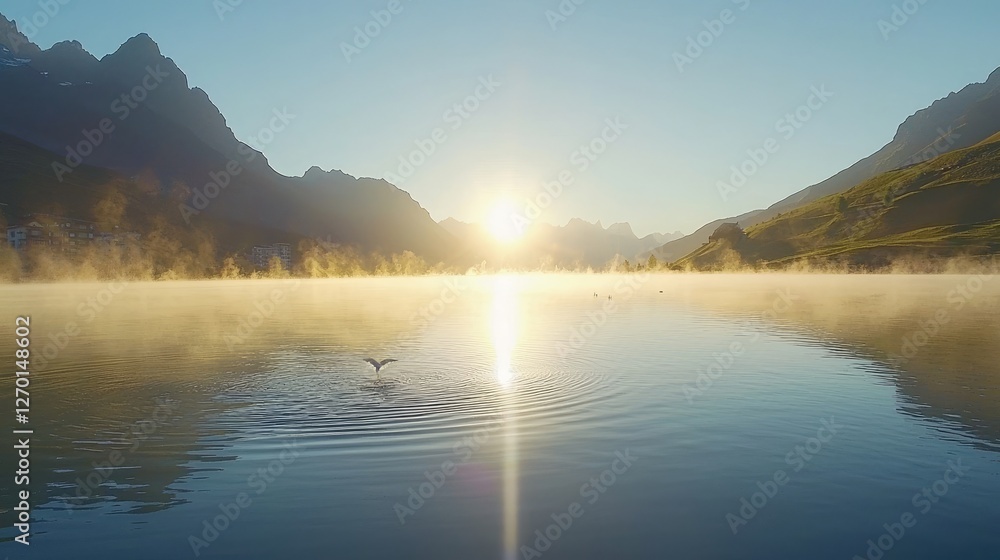 Fototapeta premium Serene Sunrise Over Misty Lake Surrounded by Majestic Mountains and Calm Waters