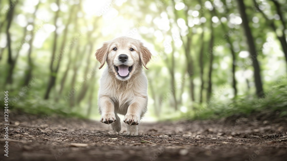 Happy Golden Retriever Puppy Running in Sunny Forest Path Happy Golden Retriever Puppy Running in Sunny Forest Path