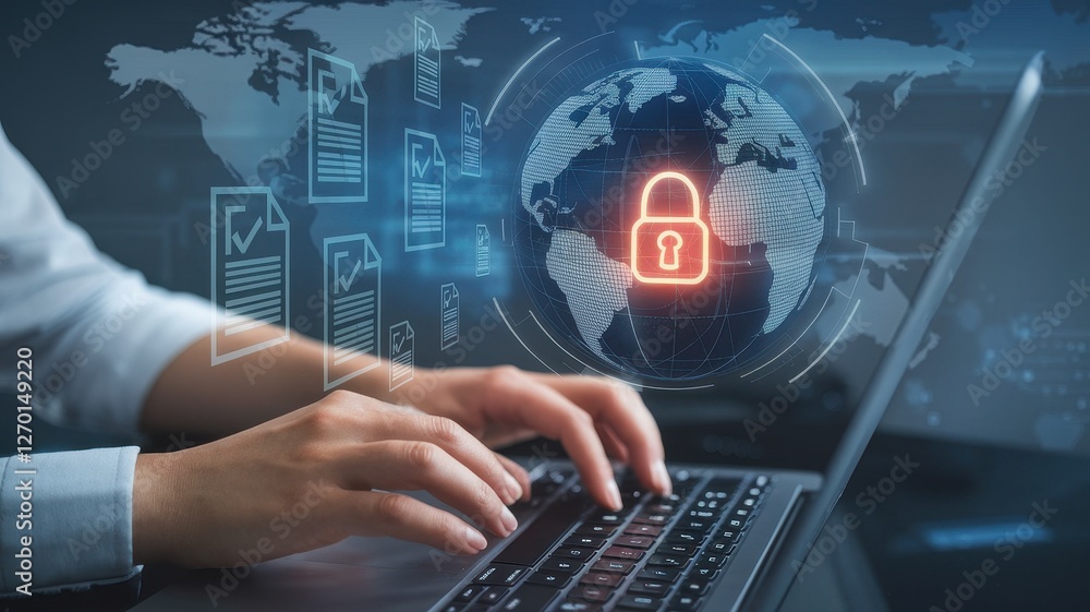 Hands typing on a laptop with data security overlay Hands typing on a laptop with data security overlay