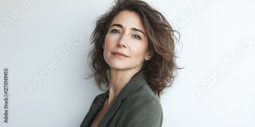 Confident Woman with Natural Beauty Posing Against a Minimalistic Background