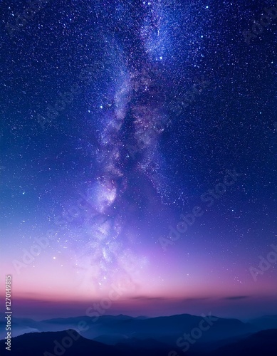心を穏やかにする深い紫と青のグラデーション、夜空に浮かぶ光の粒が静寂と神秘を演出。
