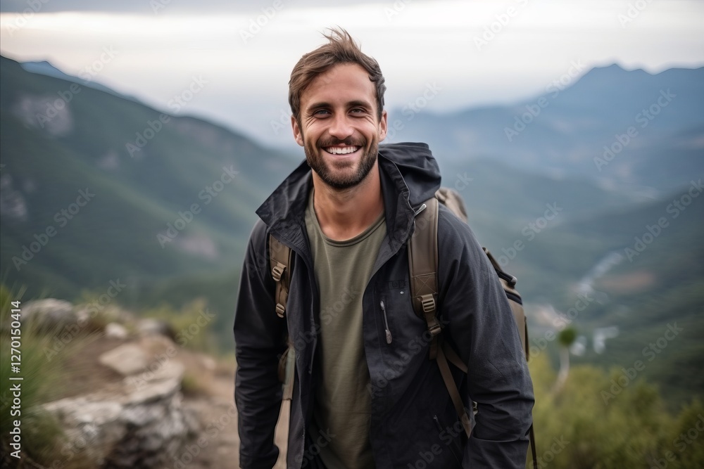 Handsome young man with backpack standing on top of a mountain Handsome young man with backpack standing on top of a mountain