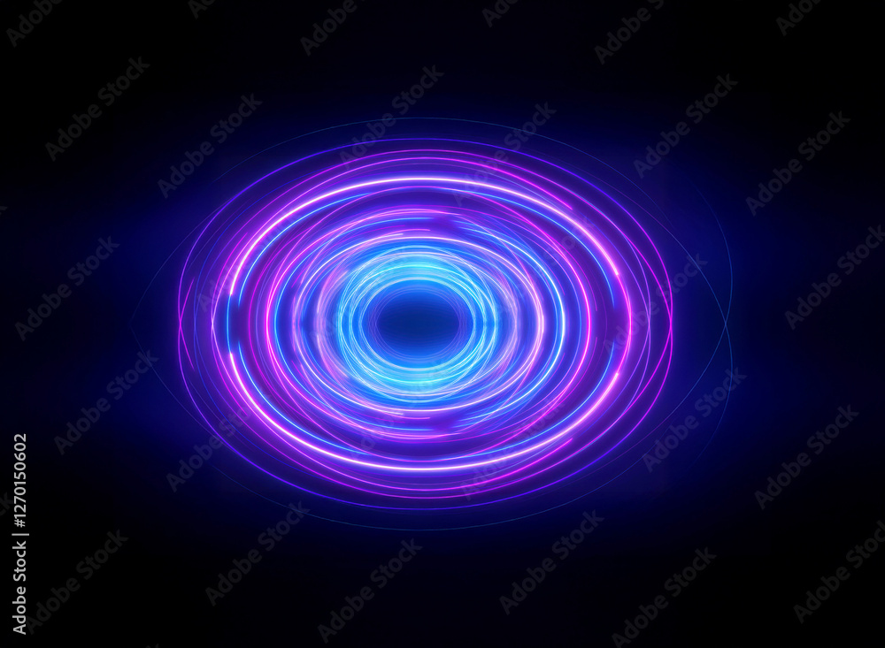 Circular rings of blue and purple glow from a dark center on black, creating a vortex or portal effect. Circular rings of blue and purple glow from a dark center on black, creating a vortex or portal effect.