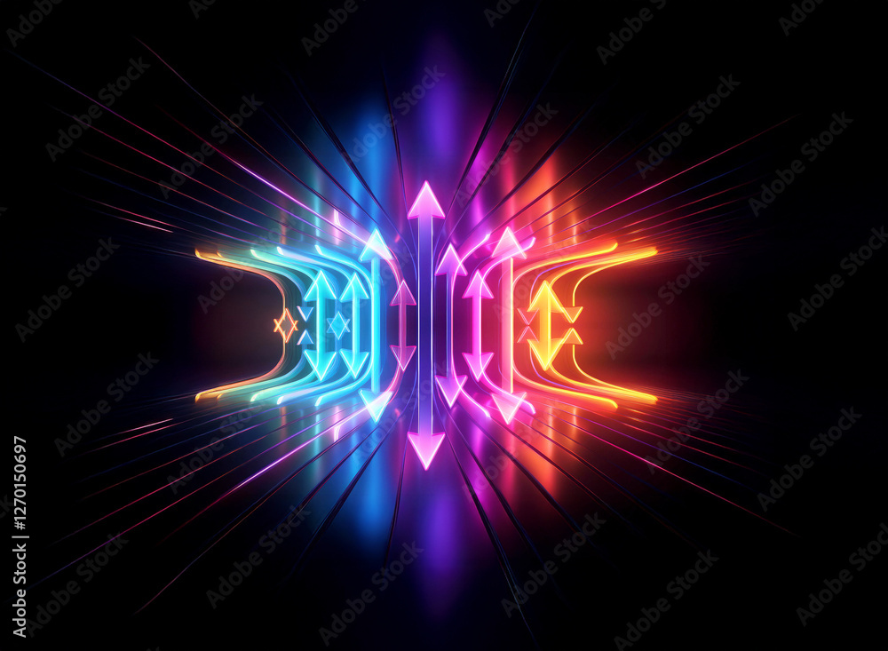 Obraz premium Abstract symmetrical form with glowing arrows indicating energy flow, bright blue to orange colors over dark background, futuristic light effect.