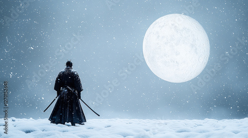 Snow Moon Concept, lone samurai stands in deep snow, gazing at giant moon above