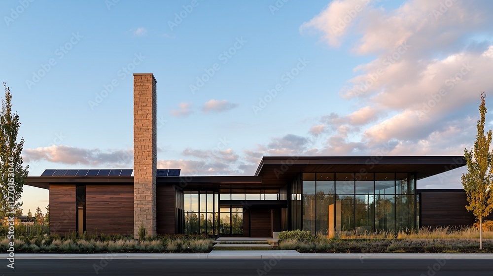 Modern home with flat roof, large windows, and chimney at sunset. Modern home with flat roof, large windows, and chimney at sunset.
