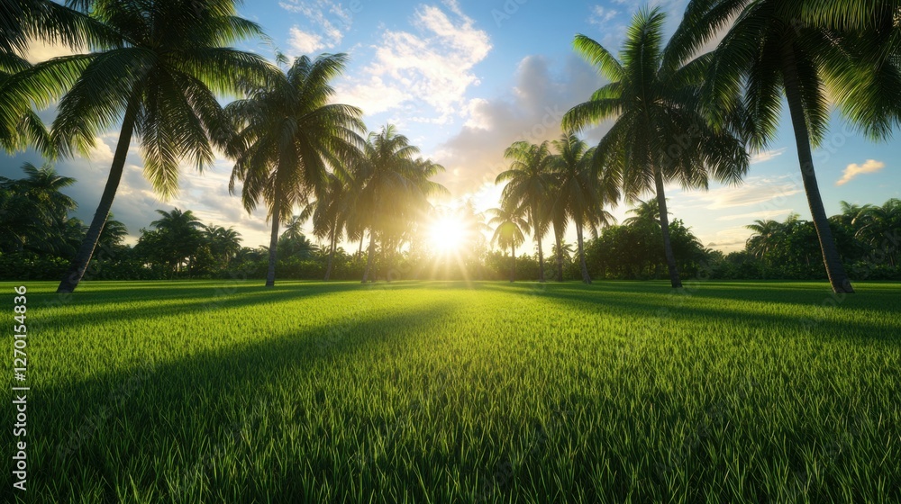 Sunrise Over Lush Green Palm Trees and Vibrant Grass in Tropical Landscape Sunrise Over Lush Green Palm Trees and Vibrant Grass in Tropical Landscape