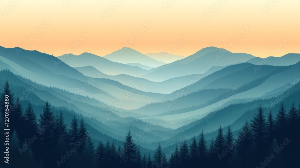 Obraz premium Misty Mountain Range with Pine Forest, Tranquil and Serene Landscape