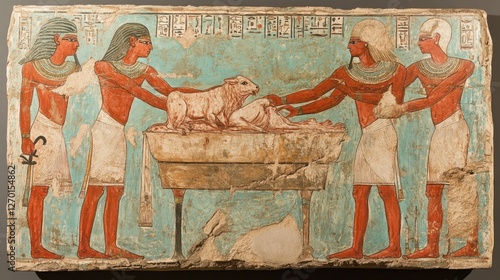 Ancient Egyptian scene depicting a ritual with a calf, showcasing religious practices.