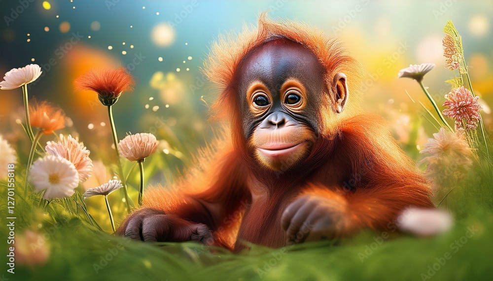Fototapeta premium Orang Utan Baby auf einer Blumenwiese
