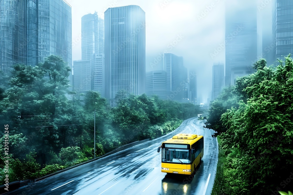 Obraz premium Rainy Cityscape with Yellow Bus