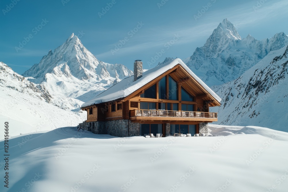 Cozy wooden chalet in snowy mountain landscape with majestic peaks under clear blue sky Cozy wooden chalet in snowy mountain landscape with majestic peaks under clear blue sky
